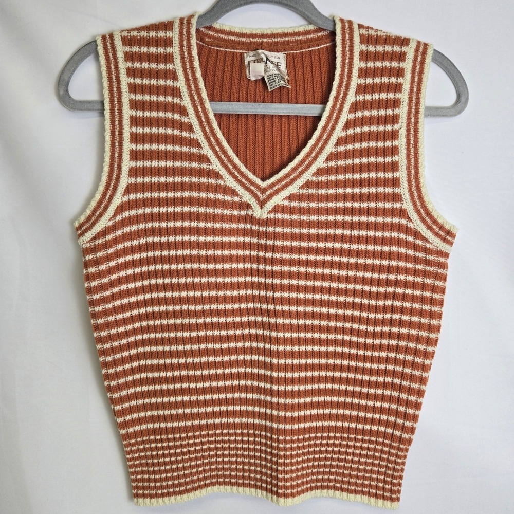 Collage Ribbed Striped Sweater Vest Orange Cream 100% Acrylic Large Vintage